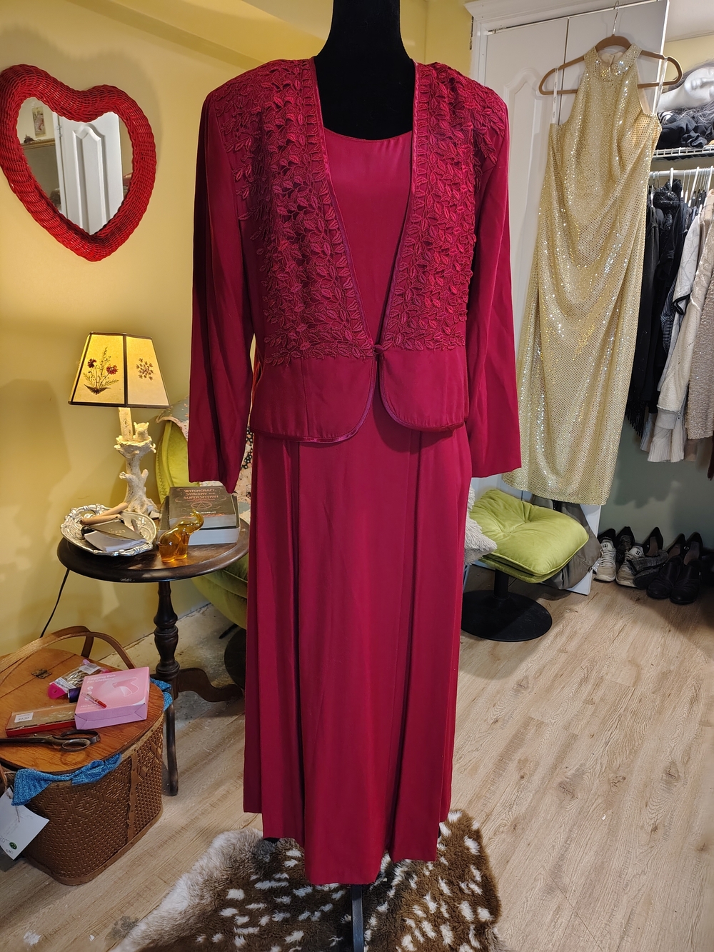 Mint Vintage 80s Wild Rose Burgundy Embroidered Maxi Skirt and Jacket Set